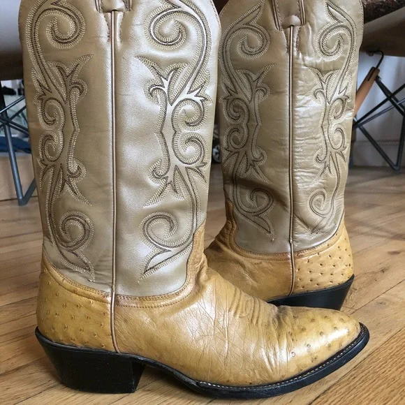 Cowboy boots 9.5/10 women 8D mens tan beige ostrich vintage - Picture 3 of 8